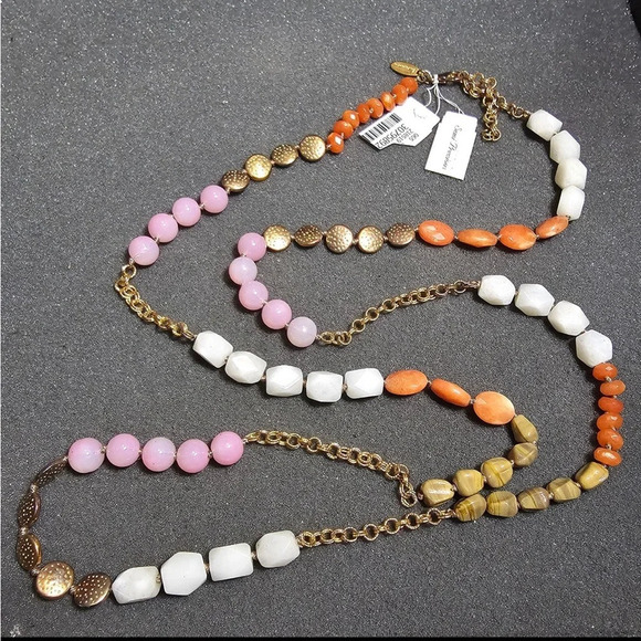NOS Talbots Semi Precious Natural Stone Long Wrap Necklace Gold Tone 44 In Long - Picture 1 of 10